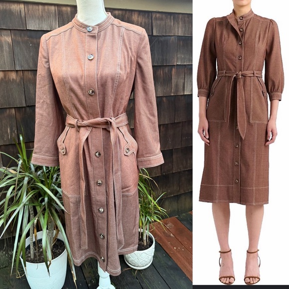 Cartolina Nantucket brown Mocha cotton shirt dress Harris style pockets Sz M NWT